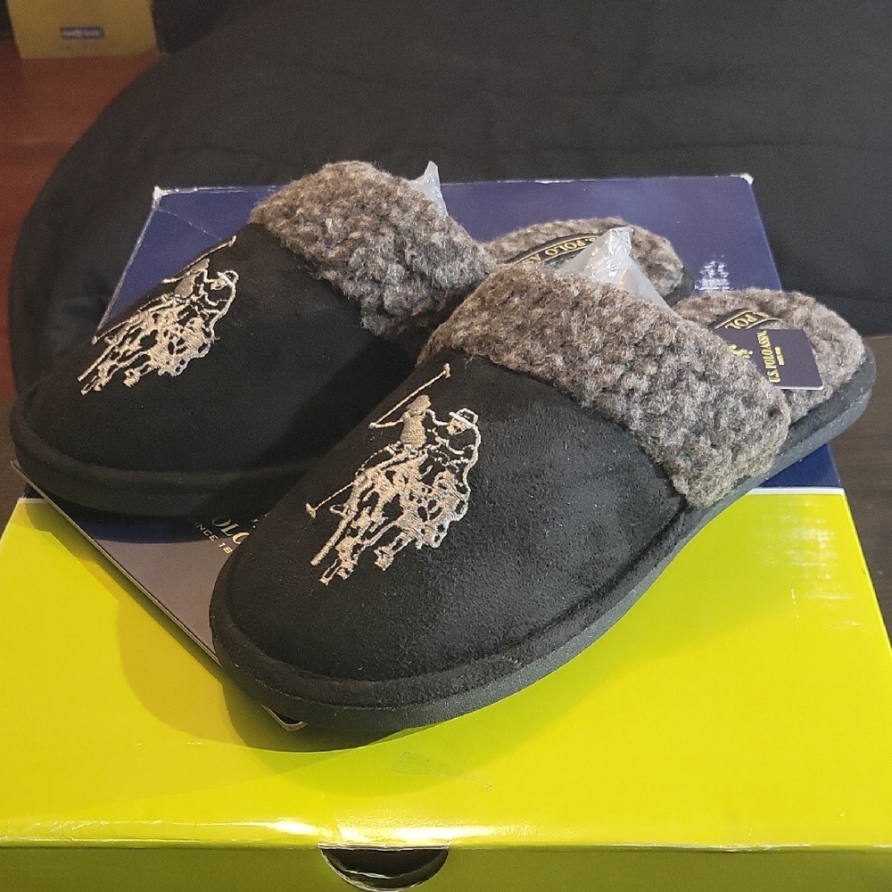 Polo Ralph Lauren Klarence Scuff Slippers "Black/Grey" M7/8 W8.5/9.5 NWT - Picture 2 of 6